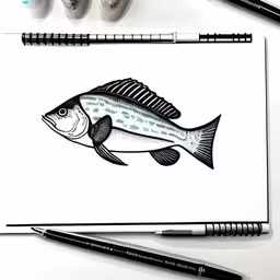 a drawing of a fish that is on paper,a drawing of a fish on a white paper and a paintbrush,a fish drawn in ink with markers and pen,a drawing of a fish is being displayed on a table,a fish is drawn with markers on the paper