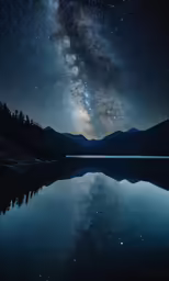 a lake at night with some stars and clouds