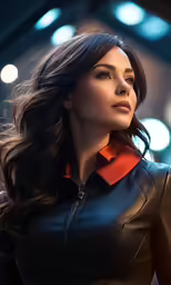 a woman in a black leather jacket standing in a building