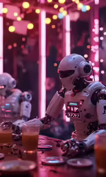 a group of humanoids that are sitting at a table