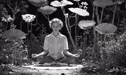 a man sitting in the middle of a lotus flower field,a man is meditating in a garden filled with flowers