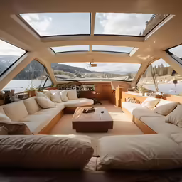 a large living area inside a boat on a river