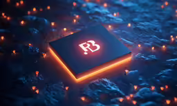 a bright glowing square device on a blue background