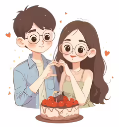 a couple are standing next to a cake with strawberries