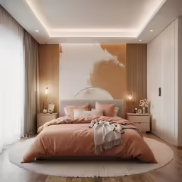 a modern bedroom has a circular carpet and orange sheets