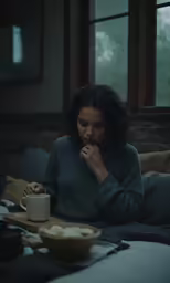 a woman sitting in bed next to a bowl of food