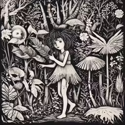 a black and white drawing of a little girl in a forest surrounded by mushrooms