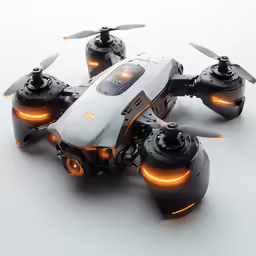 a white and black remote controlled device with orange light up lights