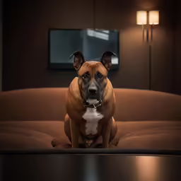 an old brown dog sitting in the middle of a living room