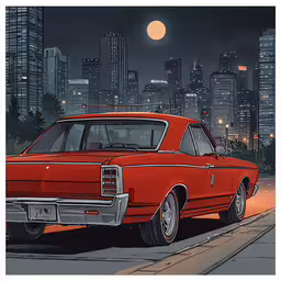 an orange classic car parked in the street at night,an old fashioned red car in a big city at night