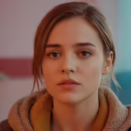 young woman wearing a blanket jacket looking to the left