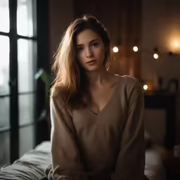 a young lady is sitting on the bed