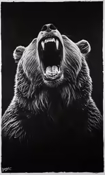 a black and white image of an angry bear