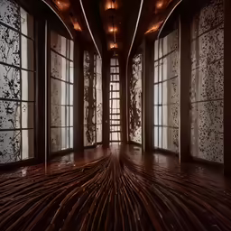 a wooden floor in front of two tall windows