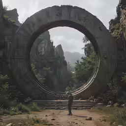 man standing in front of giant concrete structure in landscape