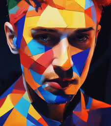 a man is covered in multicolored paint and looking directly into the camera,man with face art made out of geometric shapes