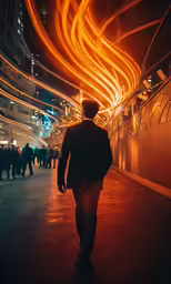 a man walking down a dark street surrounded by lights