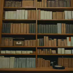 the old books are neatly arranged on the wooden shelves