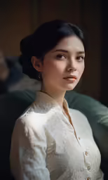 an asian woman sitting in a chair looking at the camera