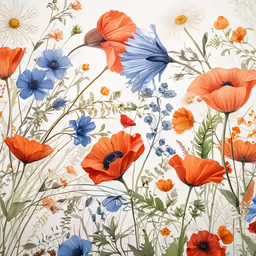 colorful flowers, blue, red and white in a floral print