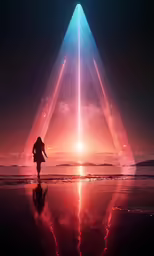 a person standing next to the ocean in front of a star filled sky