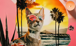 a cat with sunglasses on its face near some flowers and candles