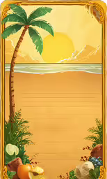 an ocean themed poster that has fruit and a palm tree on it,a painting of a tropical theme with an old style palm tree