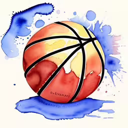 watercolor drawing of a basketball ball on water,a basketball ball with the word california painted on it