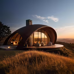 a house made from a round building on top of a hill