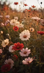 a field of various colorful flowers on a sunny day