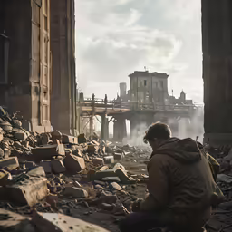 a man sits next to the ruins of a city