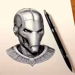 a drawing of an iron man with headphones on a sheet of paper