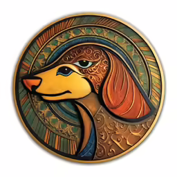 a wooden plaque of a dog that has a design on it