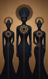 three women in black and gold with an art decoal