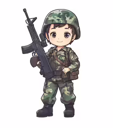 a little boy in army uniform with a rifle