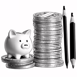 a piggy bank sitting next to a pencil and stack of money