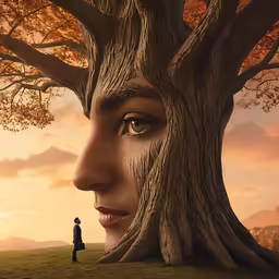 a woman looks out at the distance, from the side of a tree that is growing up to her face