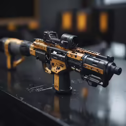 a rifle lying on its stand with its lights on