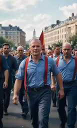 man wearing red suspenders and a blue shirt, with a backpack, and a red ribbon walking past other men wearing blue pants and shirts in a parade