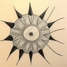 a drawing of a sunburst is shown as if in a pen and ink,an artistic image with a black circle containing four pointed black lines