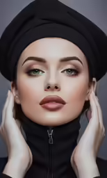 a woman in black is wearing a cap
