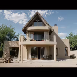 a large tan home sitting in a dirt lot
