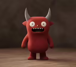 a small red toy with horns and eyes