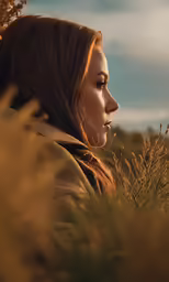 the woman is in the grass looking around