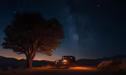a truck driving down a road with a tree next to it