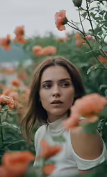 a beautiful young lady stands amongst roses with her eyes closed