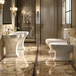 a bathroom with marble floors and walls, a bathtub and three toilets,a bathroom with a bunch of urinals and sinks
