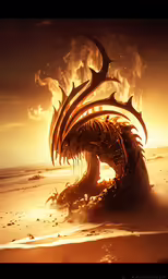 a demon on the beach in a yellow background