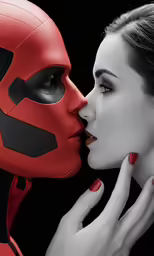 woman kissing a man in a red mask