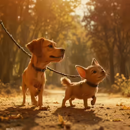 two adorable puppies play with their leashes outdoors